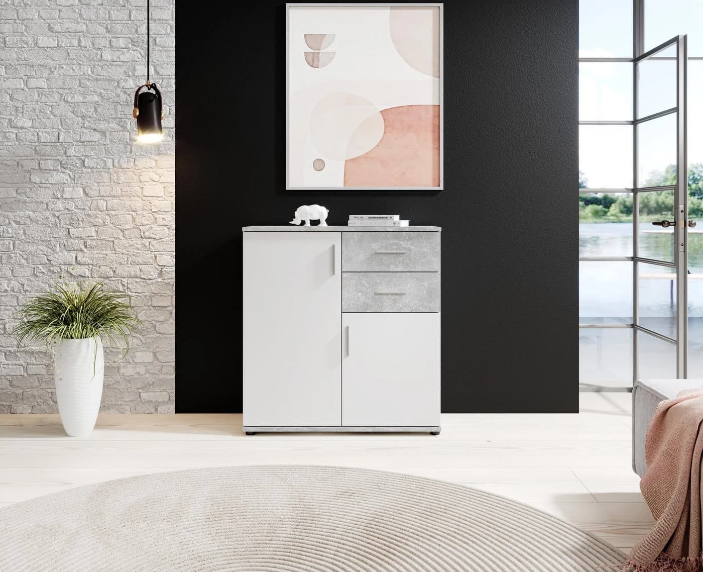 PREISBRECHER Kommode Freida Weiß Beton 2 Türen 2 Schubkästen - Bild 4