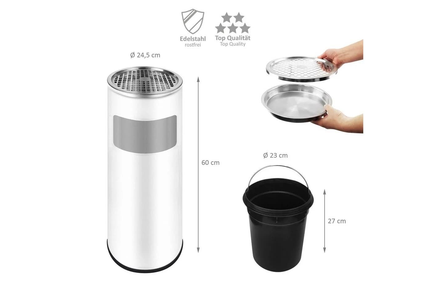 Wellgro Standaschenbecher 2-in-1 Mülleimer Edelstahl Weiß - Bild 5