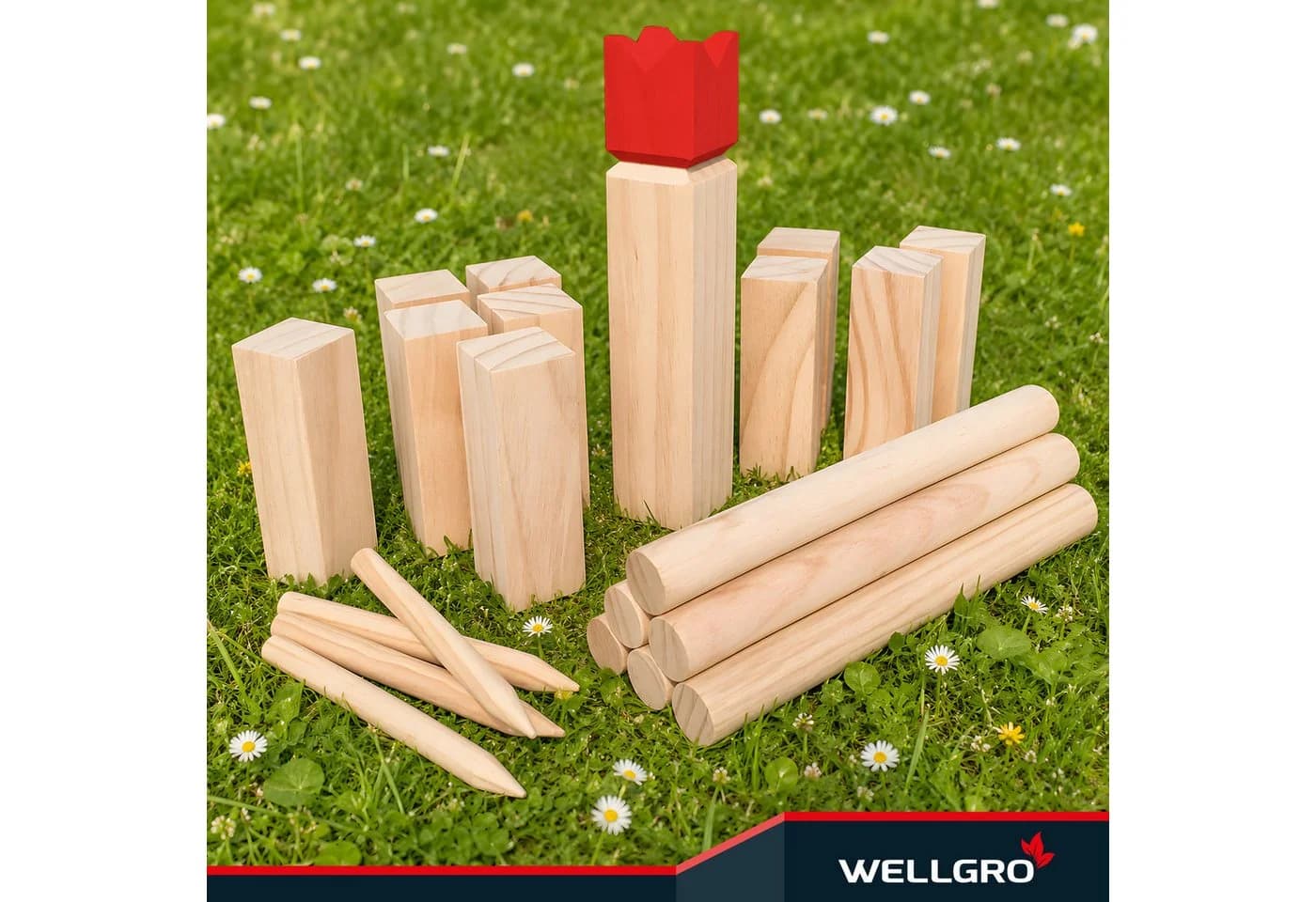 Wellgro Kubb Spiel aus massivem Kiefernholz mit König und Wurfhölzern - Bild 5