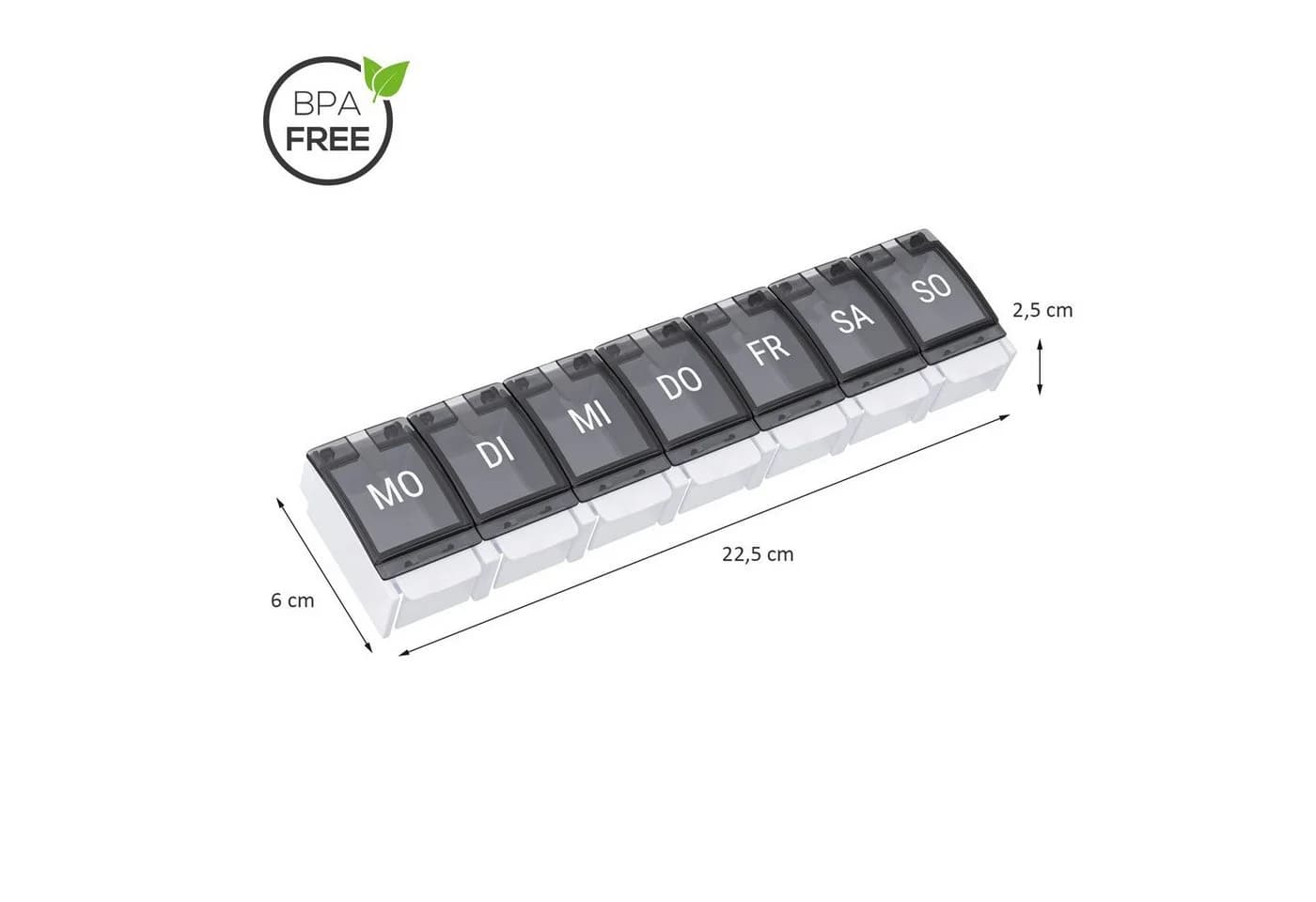 Wellgro Pillendose Tablettenbox 7 Tage Schwarz mit Druckverschluss