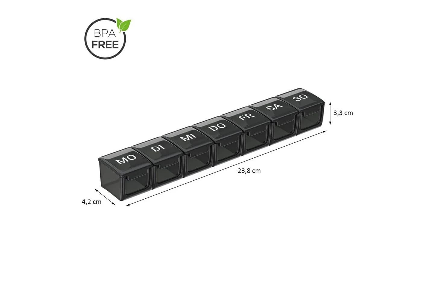 Wellgro Pillendose Große Tablettenbox für 7 Tage mit Druckverschluss Schwarz
