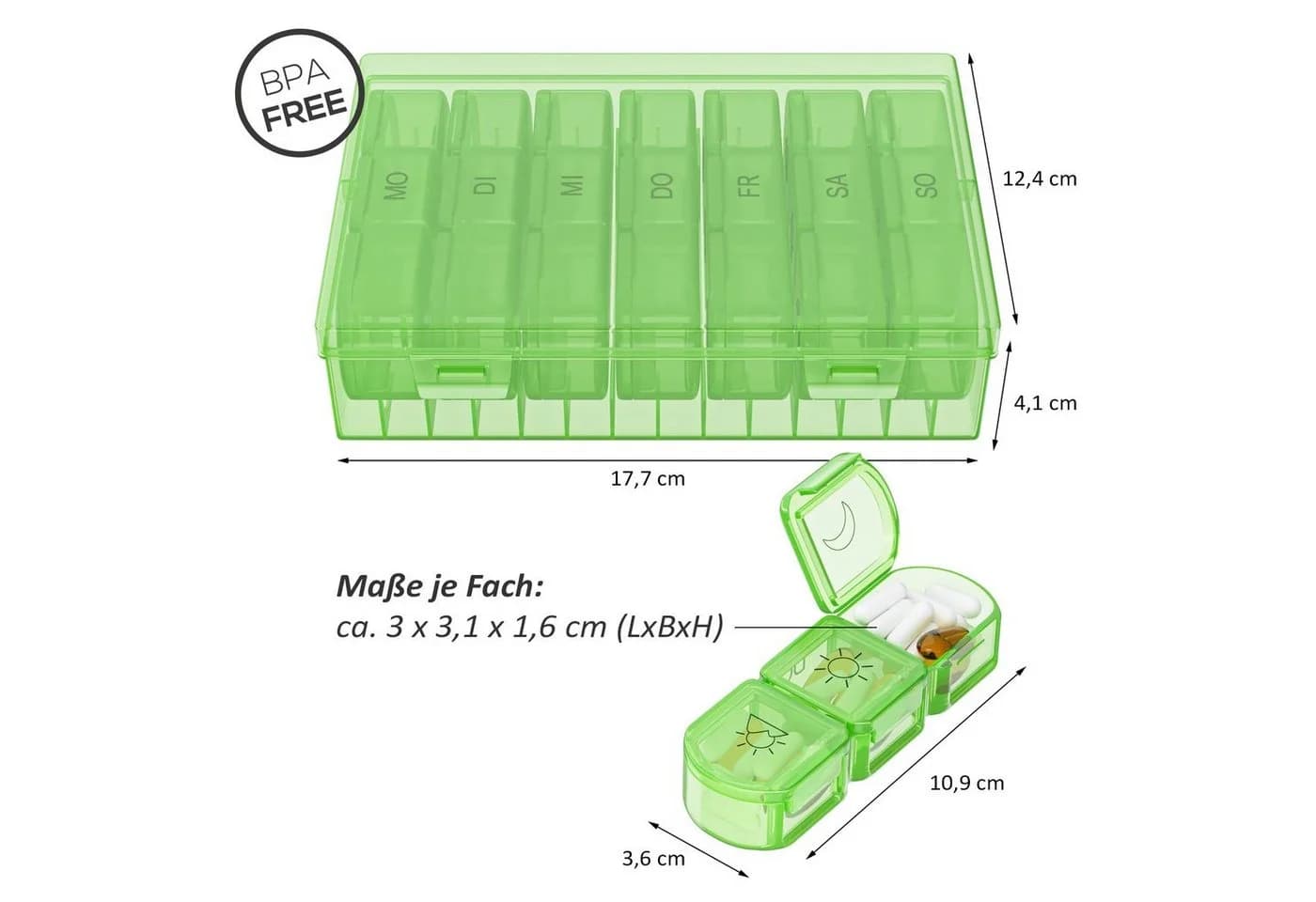Wellgro Pillendose Große Tablettenbox für 7 Tage Grün