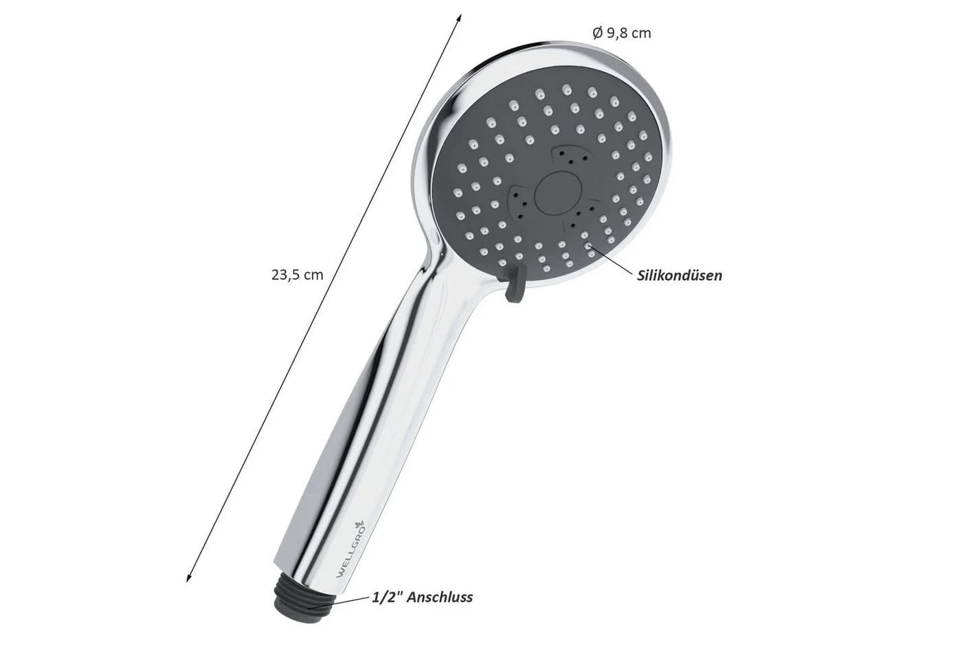 Wellgro Duschbrause Duschkopf mit 3 Sprüheinstellungen Silber