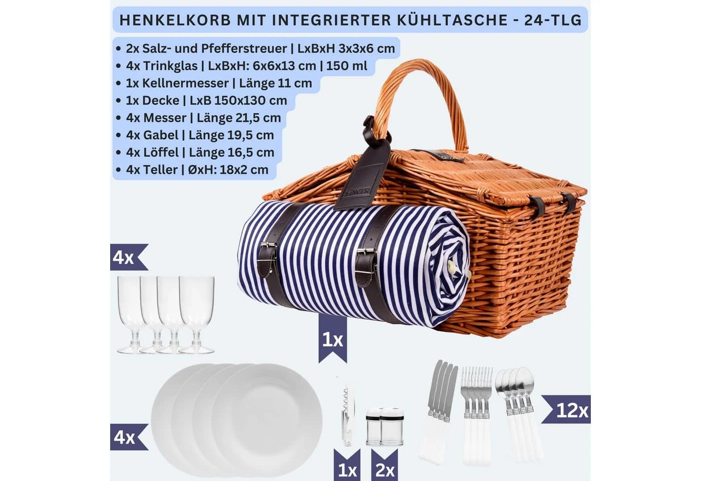 SÄNGER Picknickkorb Sylt Set 4 Personen Weide Leder Geschirr