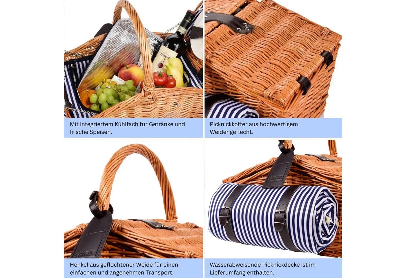 SÄNGER Picknickkorb Sylt Set 4 Personen Weide Leder Geschirr - Bild 3