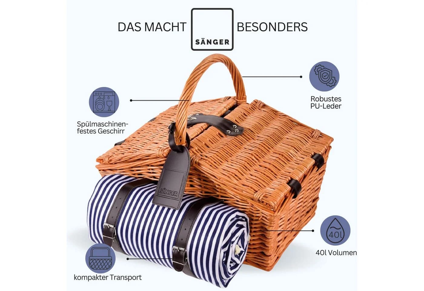 SÄNGER Picknickkorb Sylt Set 4 Personen Weide Leder Geschirr - Bild 4