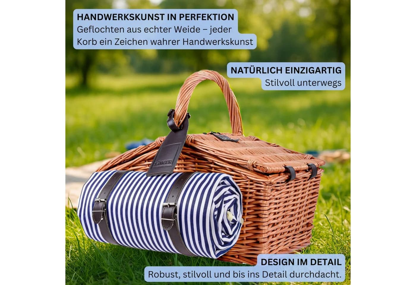 SÄNGER Picknickkorb Sylt Set 4 Personen Weide Leder Geschirr - Bild 5