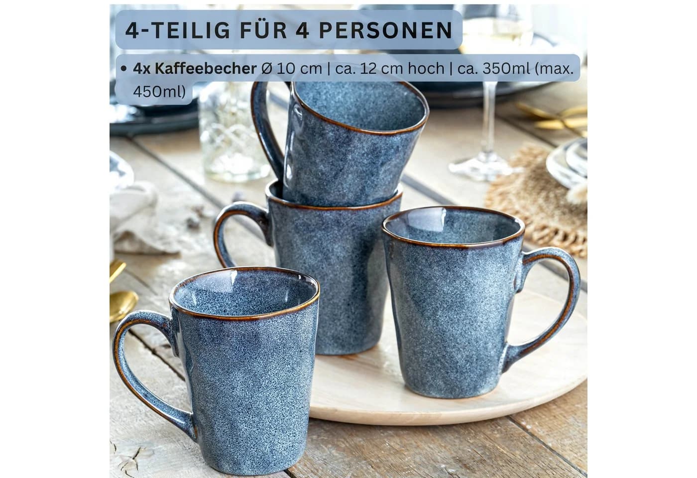SÄNGER Becher Darwin Kaffeebecher Set 4-tlg. Blau Steingut Handmade
