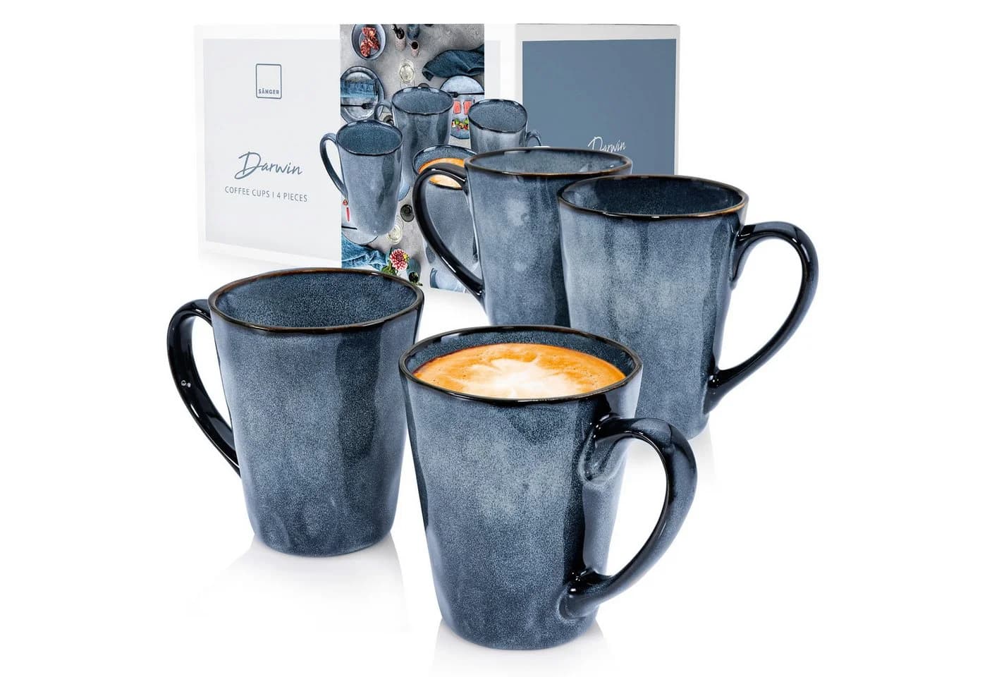 SÄNGER Becher Darwin Kaffeebecher Set 4-tlg. Blau Steingut Handmade - Bild 2