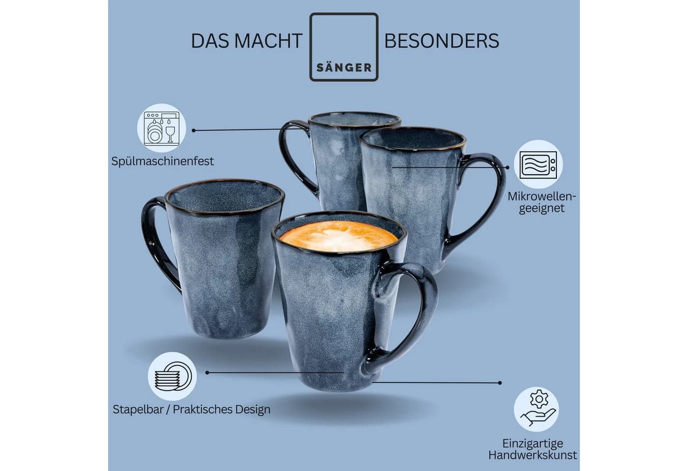 SÄNGER Becher Darwin Kaffeebecher Set 4-tlg. Blau Steingut Handmade - Bild 4