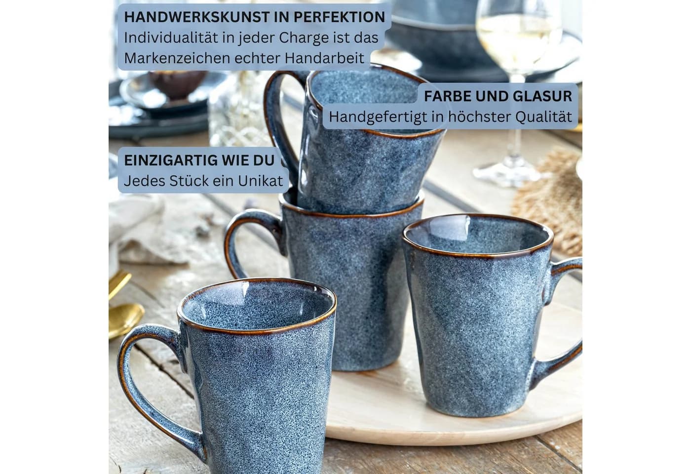 SÄNGER Becher Darwin Kaffeebecher Set 4-tlg. Blau Steingut Handmade - Bild 5
