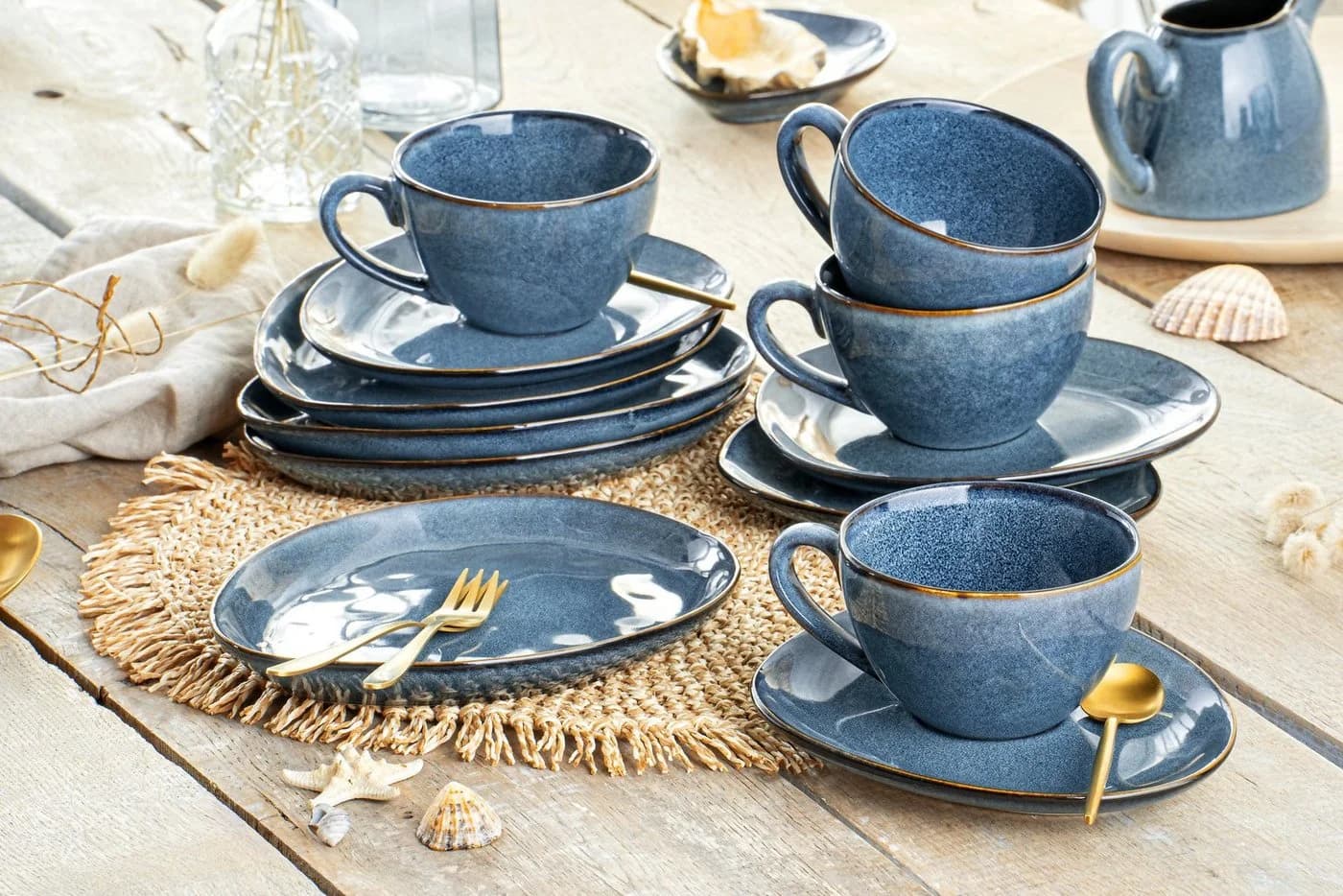 SÄNGER Kaffeeservice Darwin 12-tlg. Blau Steingut Handmade