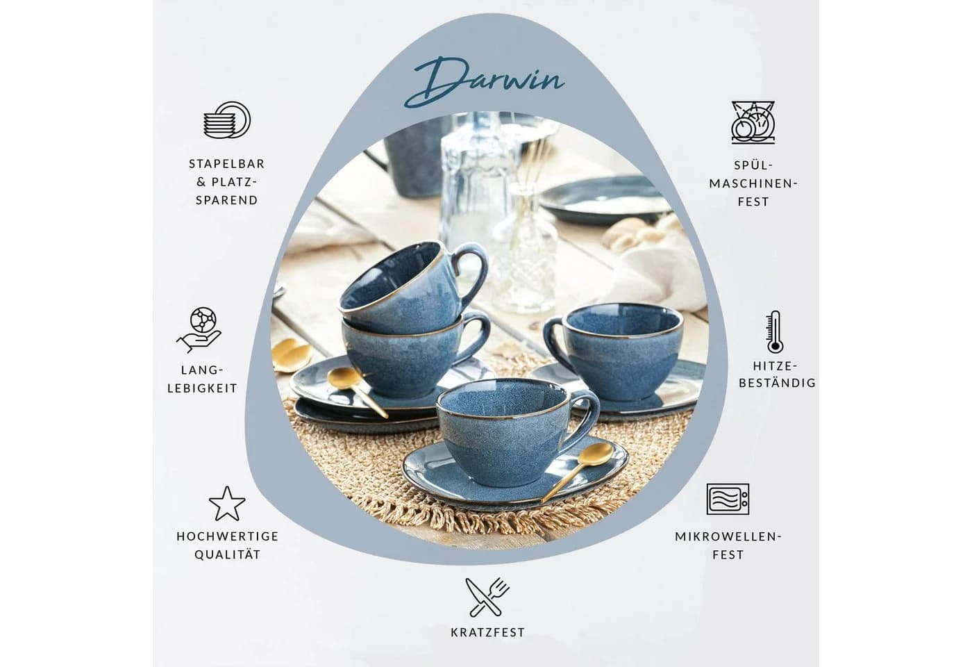SÄNGER Kaffeeservice Darwin 8-teilig Blau Steingut Handmade