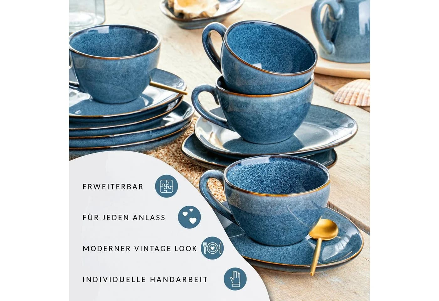 SÄNGER Kaffeeservice Darwin 8-teilig Blau Steingut Handmade - Bild 5