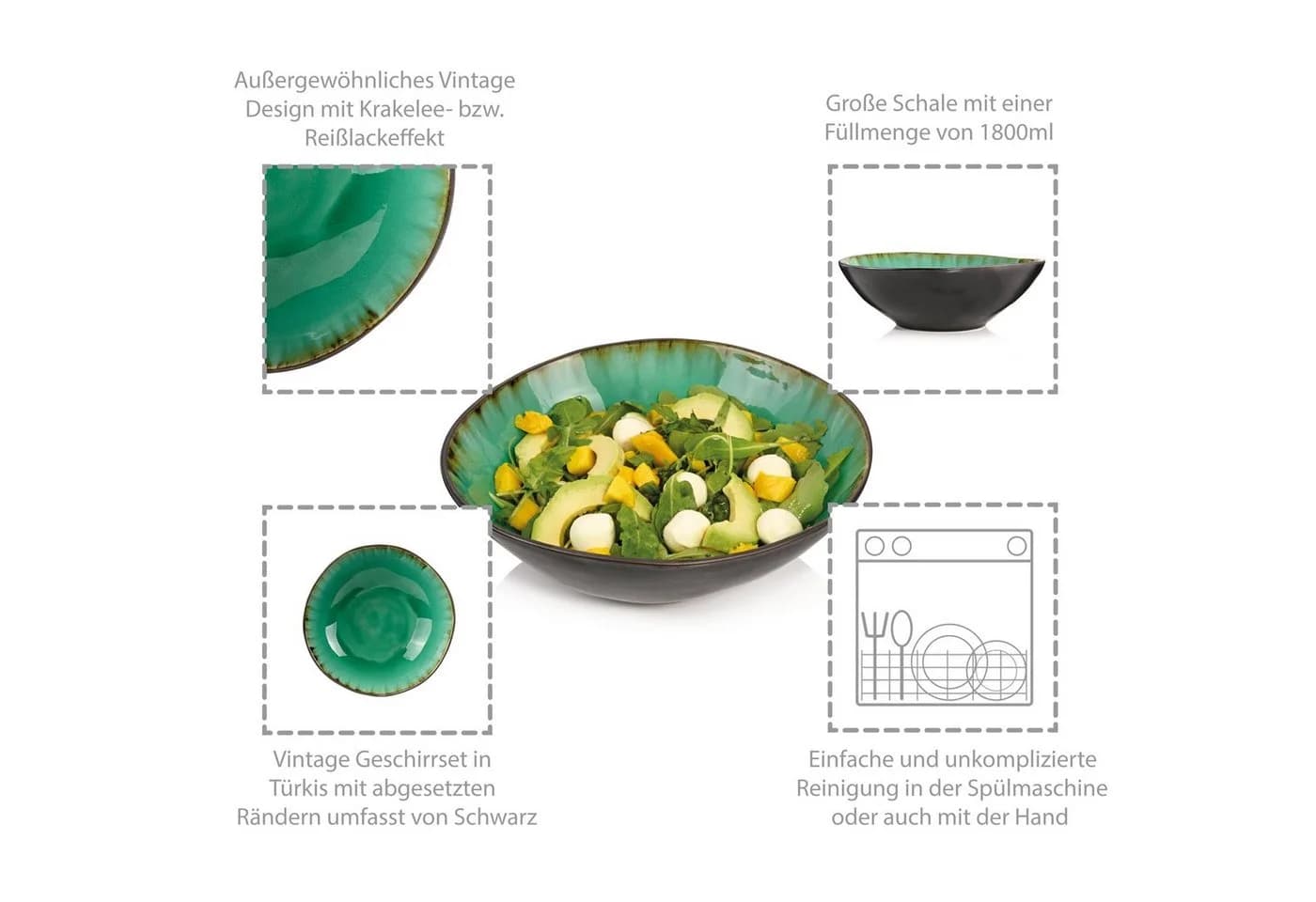 SÄNGER Salatschüssel Palm Beach Grün/Türkis Krakellee-Effekt Steingut - Bild 4