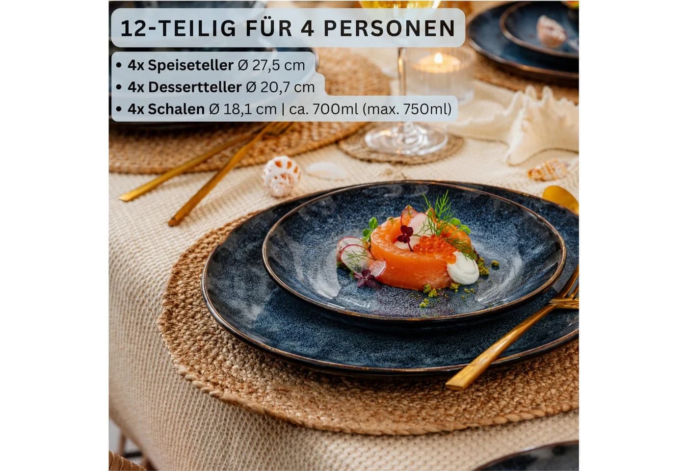 SÄNGER Tafelservice Tokio Geschirrset 12-tlg. Blau Schwarz Steingut