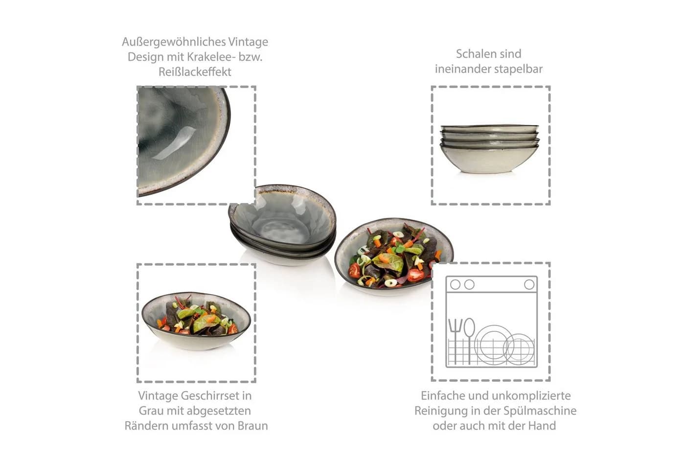 SÄNGER Salatschüssel Capri Grau 4-tlg. Steingut Krakellee-Effekt - Bild 3