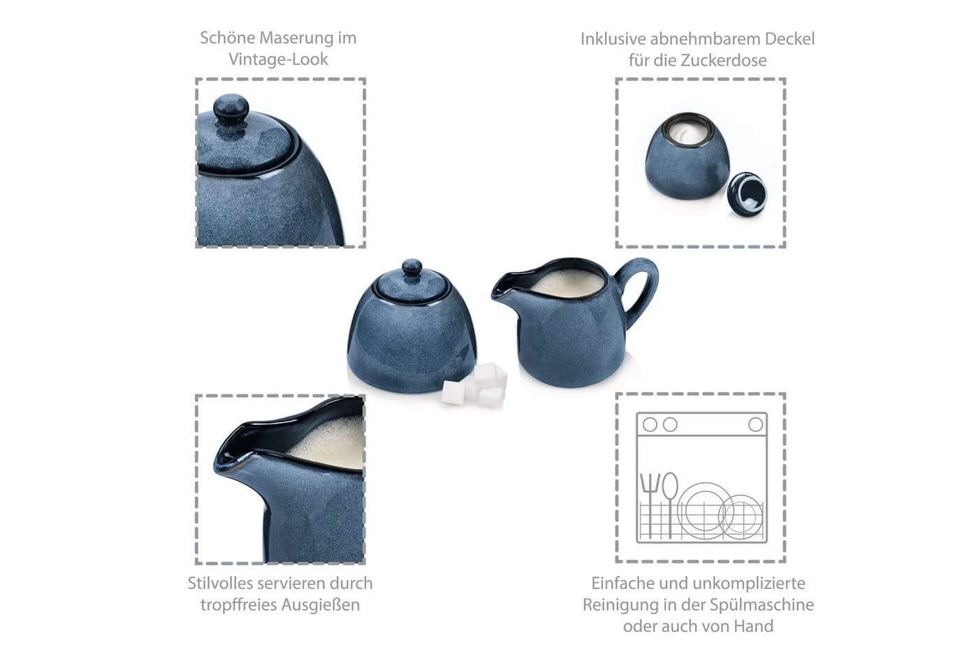 SÄNGER Milch- und Zuckerset Darwin 2-tlg. Blau Steingut Vintage