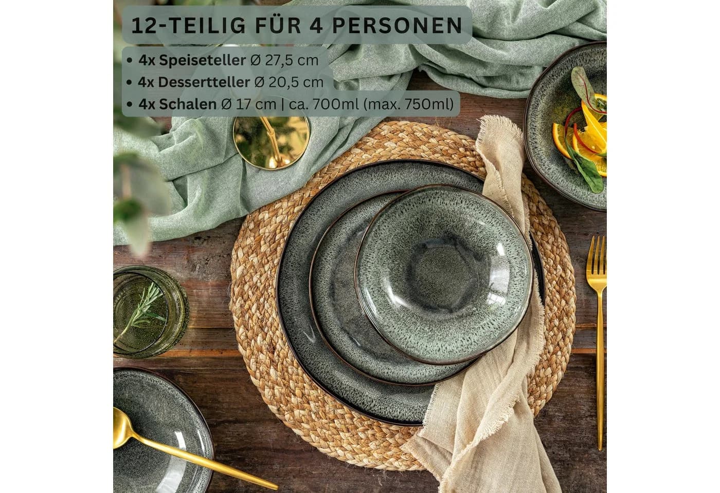 SÄNGER Tafelservice Kopenhagen 12-tlg. Grün-Grau Steingut