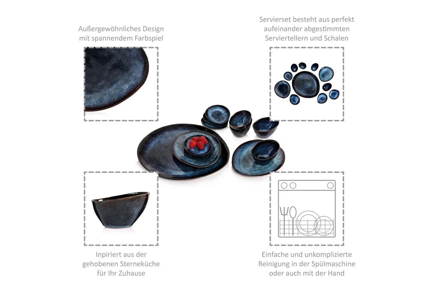 SÄNGER Servier-Set Tokio 11-tlg. Steingut Blau Schwarz - Bild 3