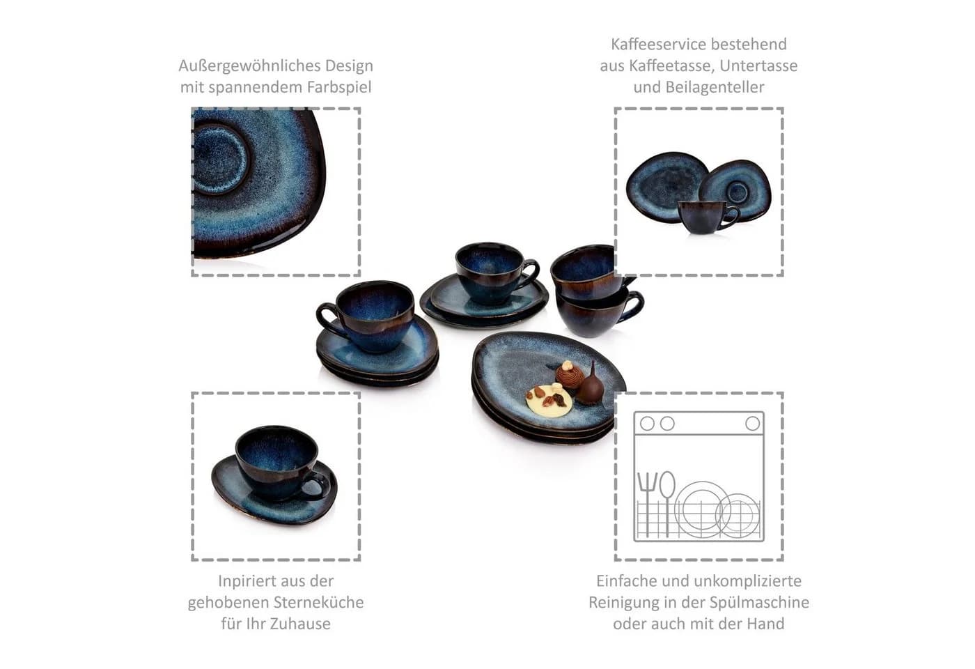 SÄNGER Kaffeeservice Tokio 12-tlg. Steingut Blau Schwarz Vintage