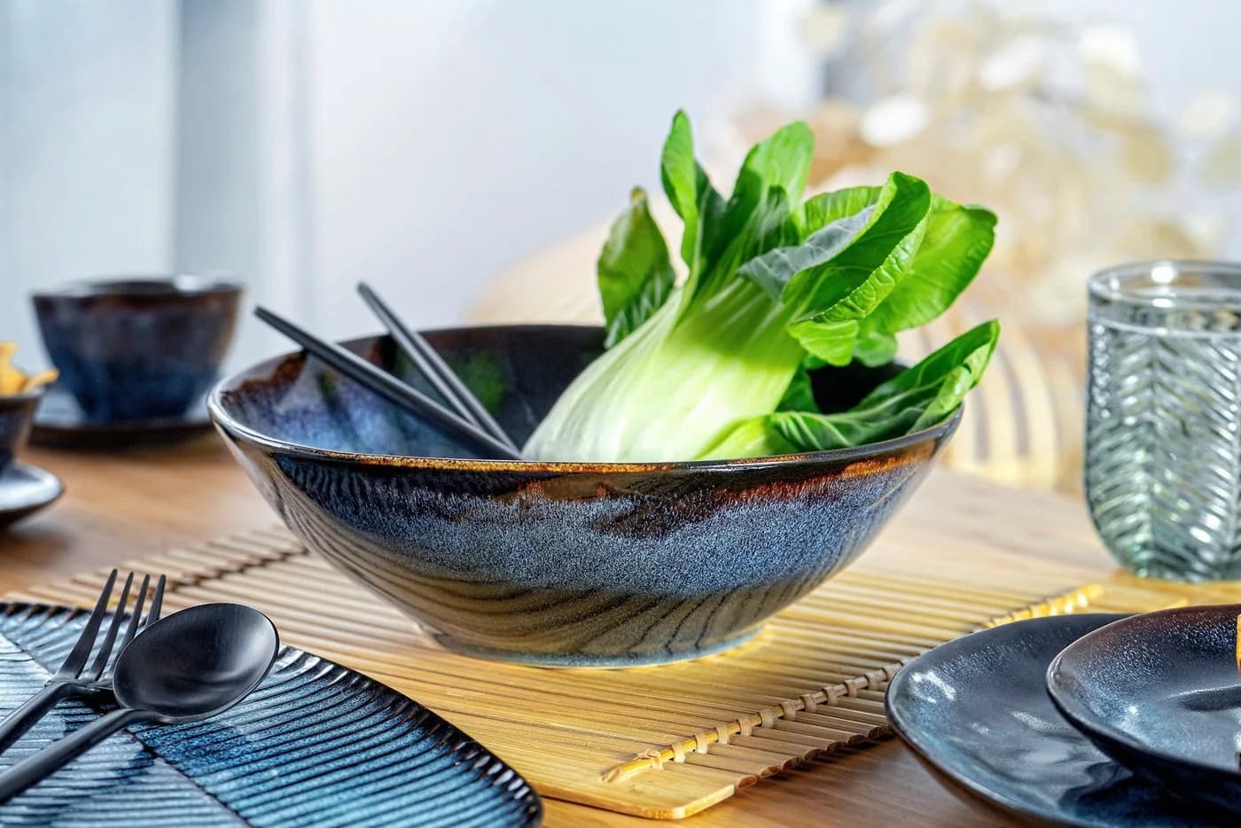 SÄNGER Salatschüssel Tokio Blau Schwarz Steingut Handmade
