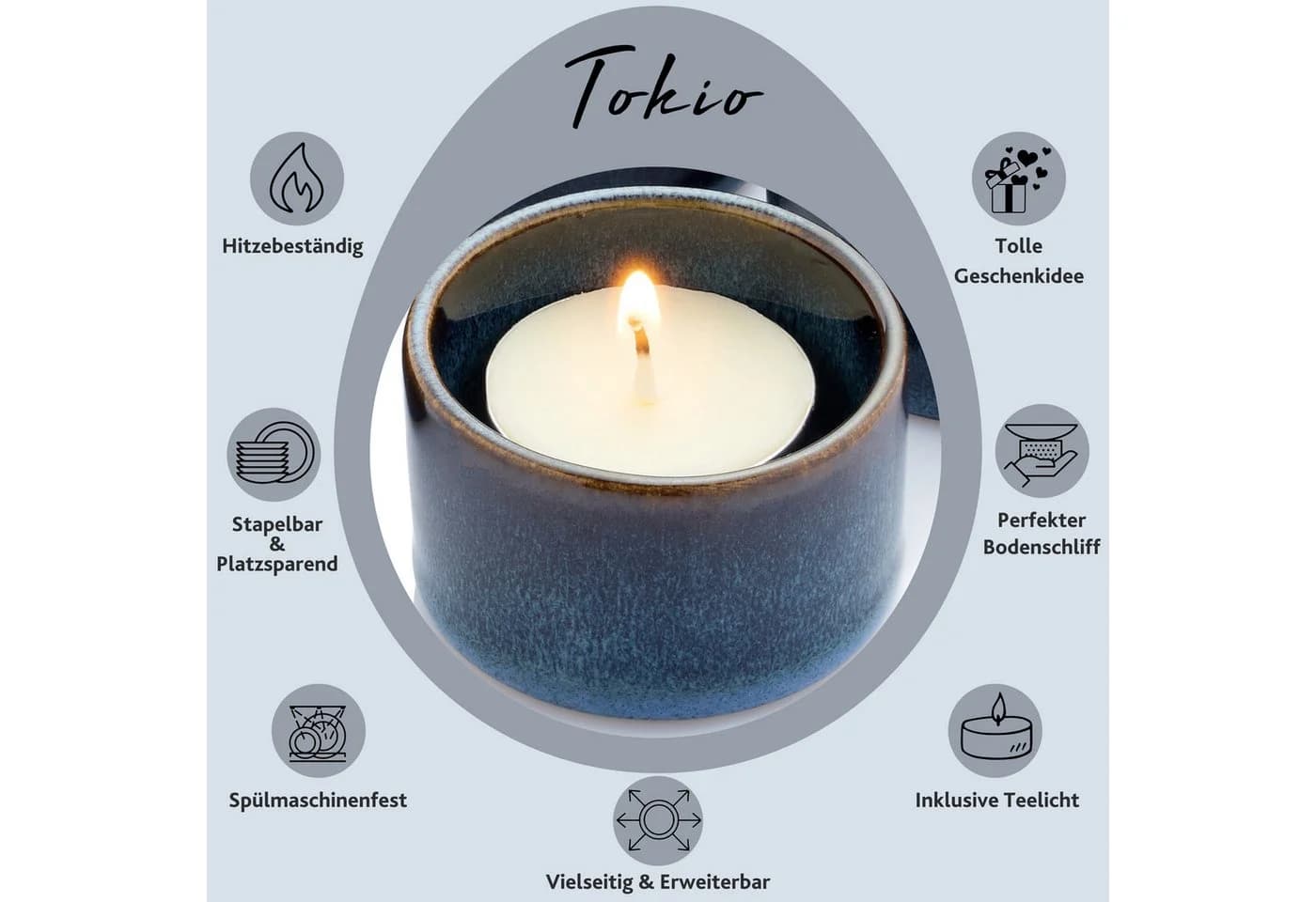 SÄNGER Teelichthalter Tokio Blau mit schwarzen Akzenten 4x Kerzengefäß 4x Teelichtkerze Handmade