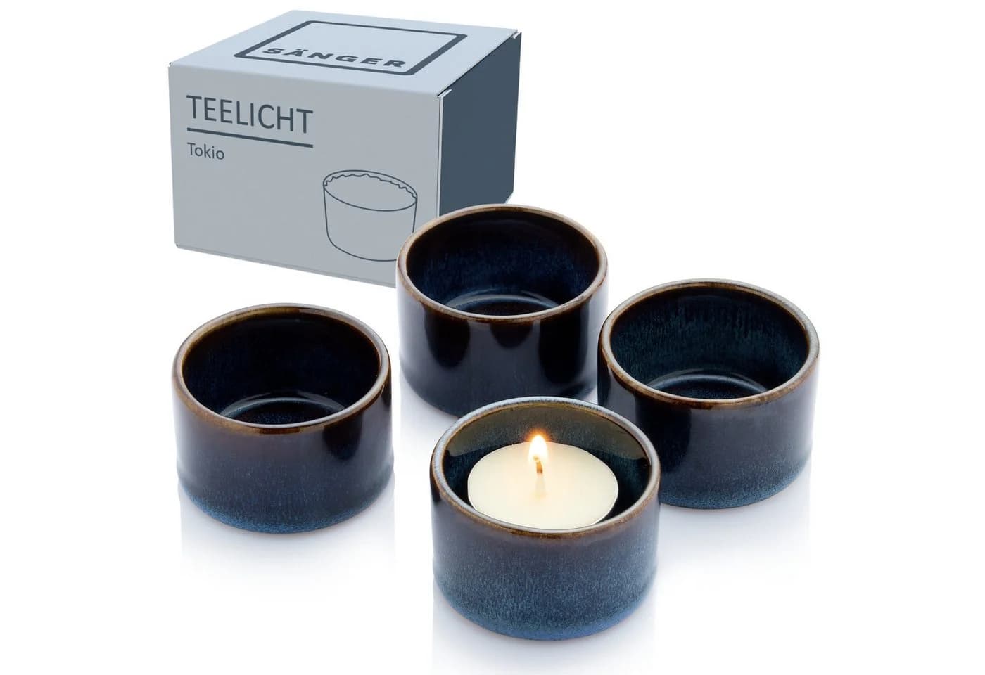 SÄNGER Teelichthalter Tokio Blau mit schwarzen Akzenten 4x Kerzengefäß 4x Teelichtkerze Handmade - Bild 2