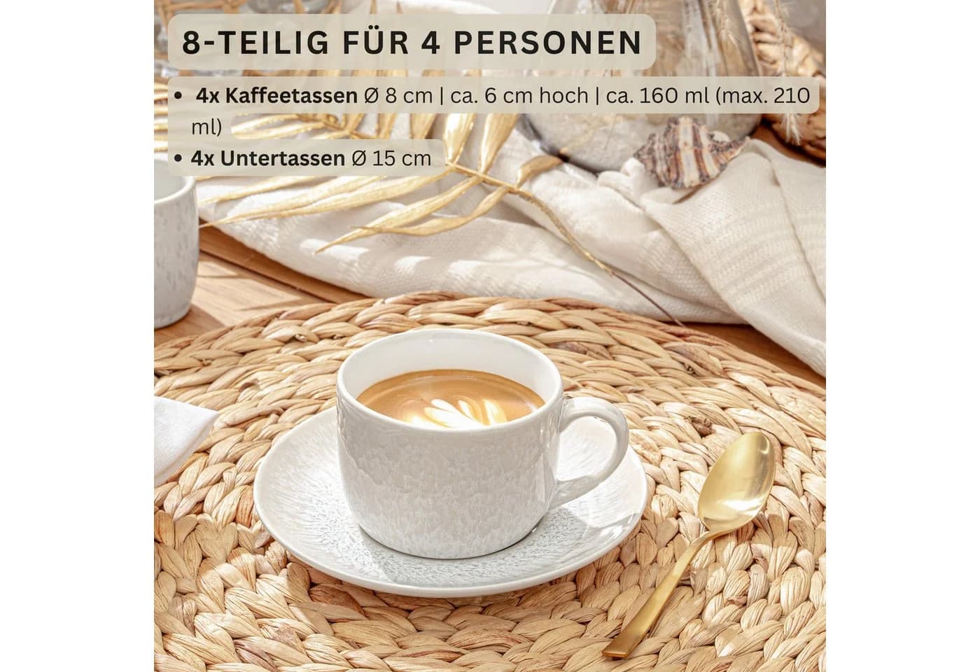 SÄNGER Korfu Kaffeetassen-Set 8-tlg. Beige Steingut Handgefertigt