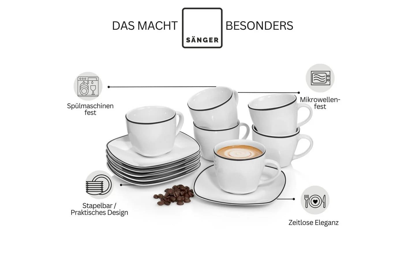 SÄNGER Kaffeeservice Bilgola Black Rim Tassen Set 12-tlg. Weiß Schwarz - Bild 4