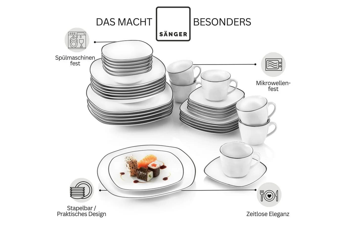 SÄNGER Geschirrset 36-tlg. Weiß/Schwarz Porzellan - Bild 4