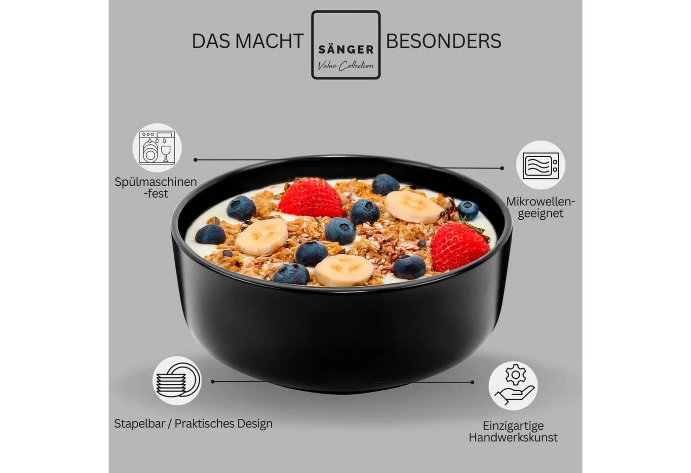 SÄNGER Teller Madeira 6-tlg. Schalen Set Schwarz Steingut - Bild 4