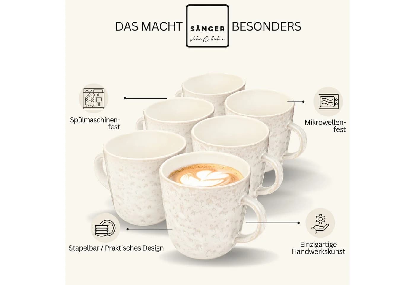 SÄNGER Kaffeebecher Set 6-tlg. Key West Steingut Beige - Bild 4
