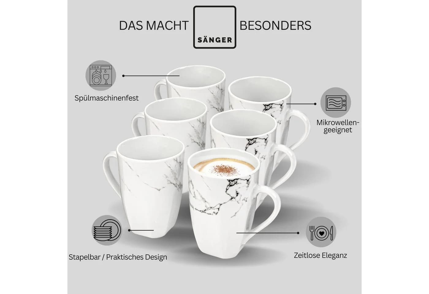 SÄNGER Kaffeebecher 6-tlg. Weiß Marmor Porzellan - Bild 4