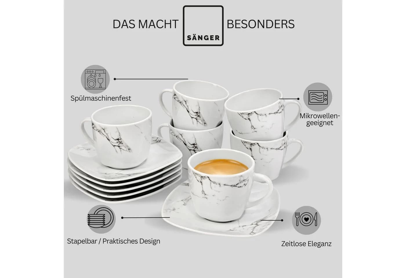 SÄNGER Tasse Bilgola Marmor 12-tlg. Weiß Porzellan Set - Bild 4
