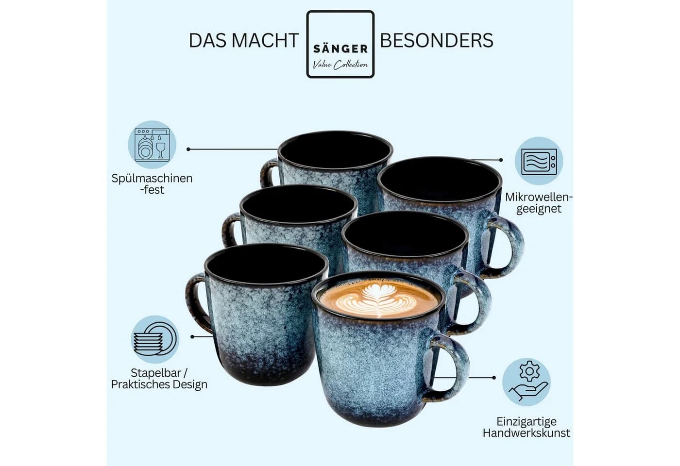 SÄNGER Kaffeebecher Set Osaka Blau Schwarz 6-tlg. Steingut - Bild 4