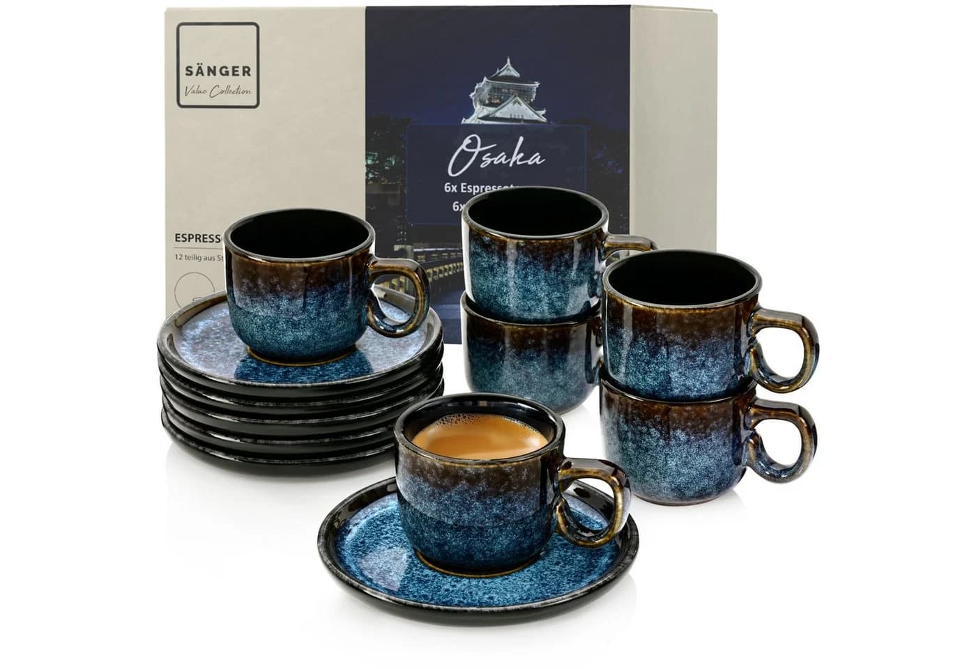 SÄNGER Espressotassen Set Osaka 12-tlg. Steingut Schwarz-Blau - Bild 2