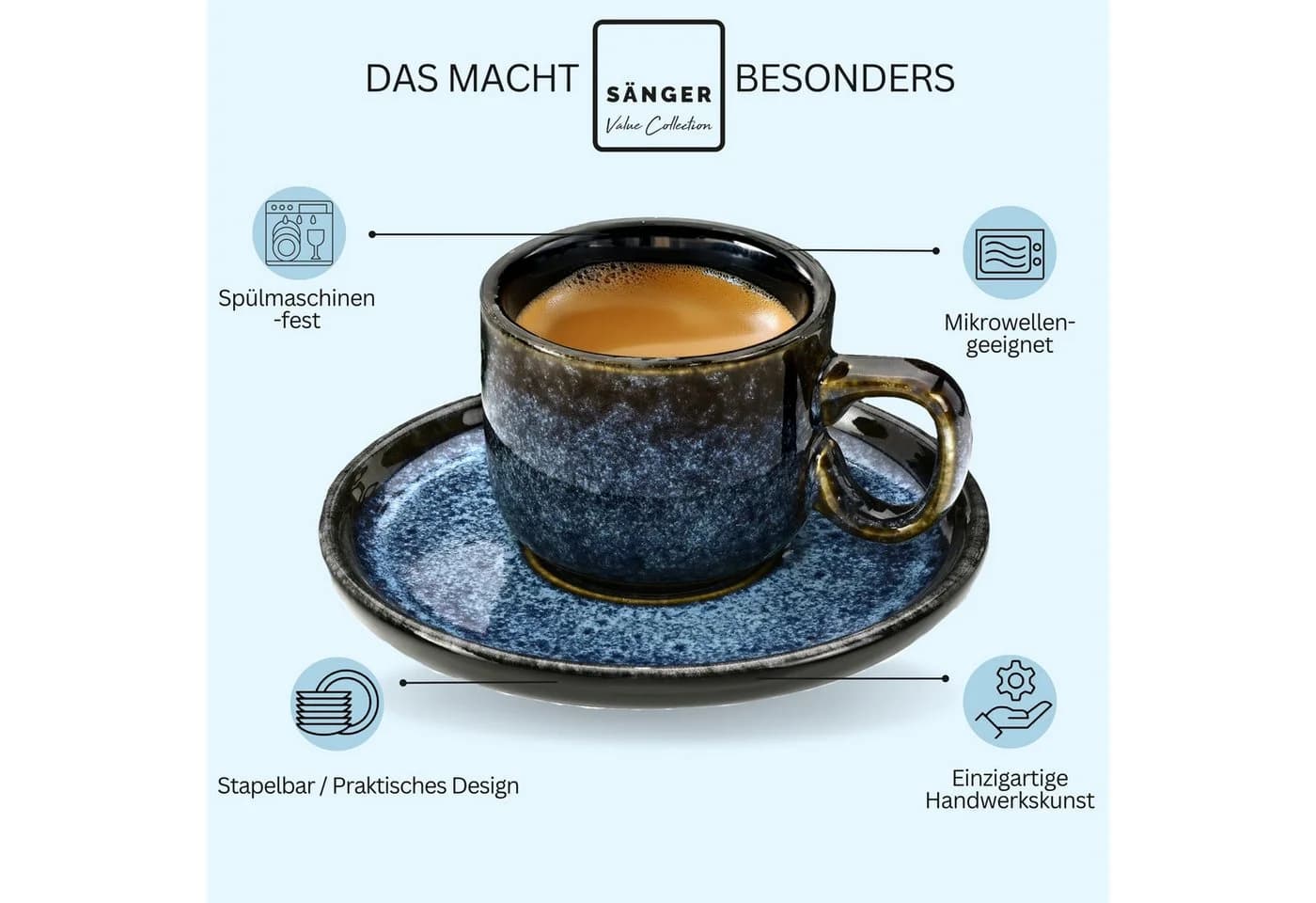 SÄNGER Espressotassen Set Osaka 12-tlg. Steingut Schwarz-Blau - Bild 4
