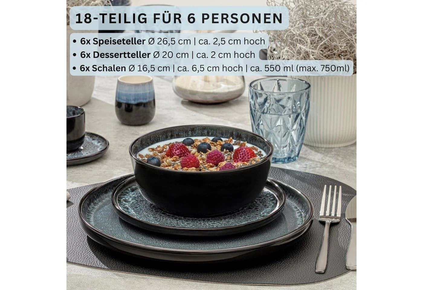 SÄNGER Tafelservice Manila Geschirrset 18-tlg. Blau-Schwarz Steingut