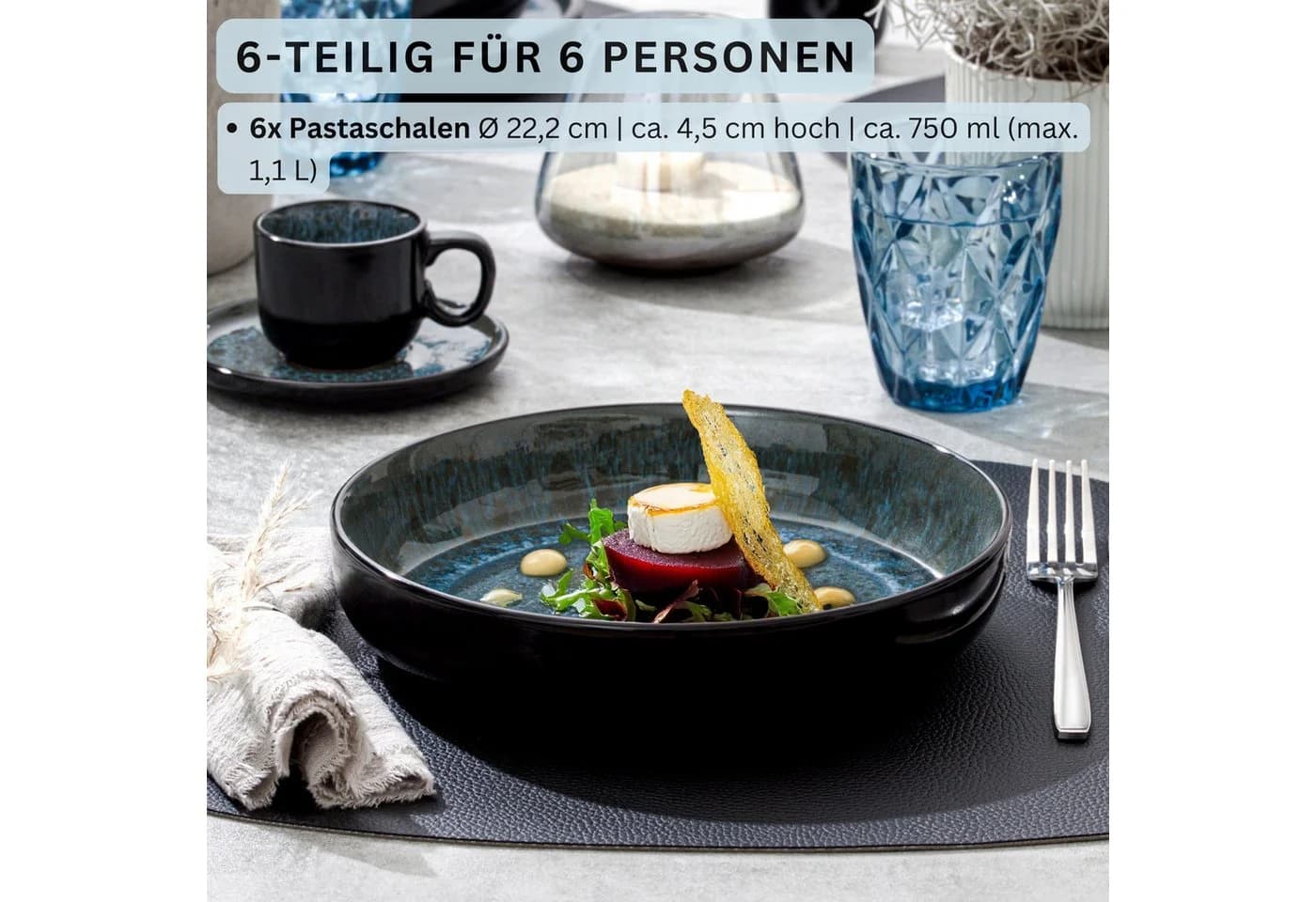 SÄNGER Teller Set Manila 6-tlg. Pastaschalen Steingut Blau-Schwarz