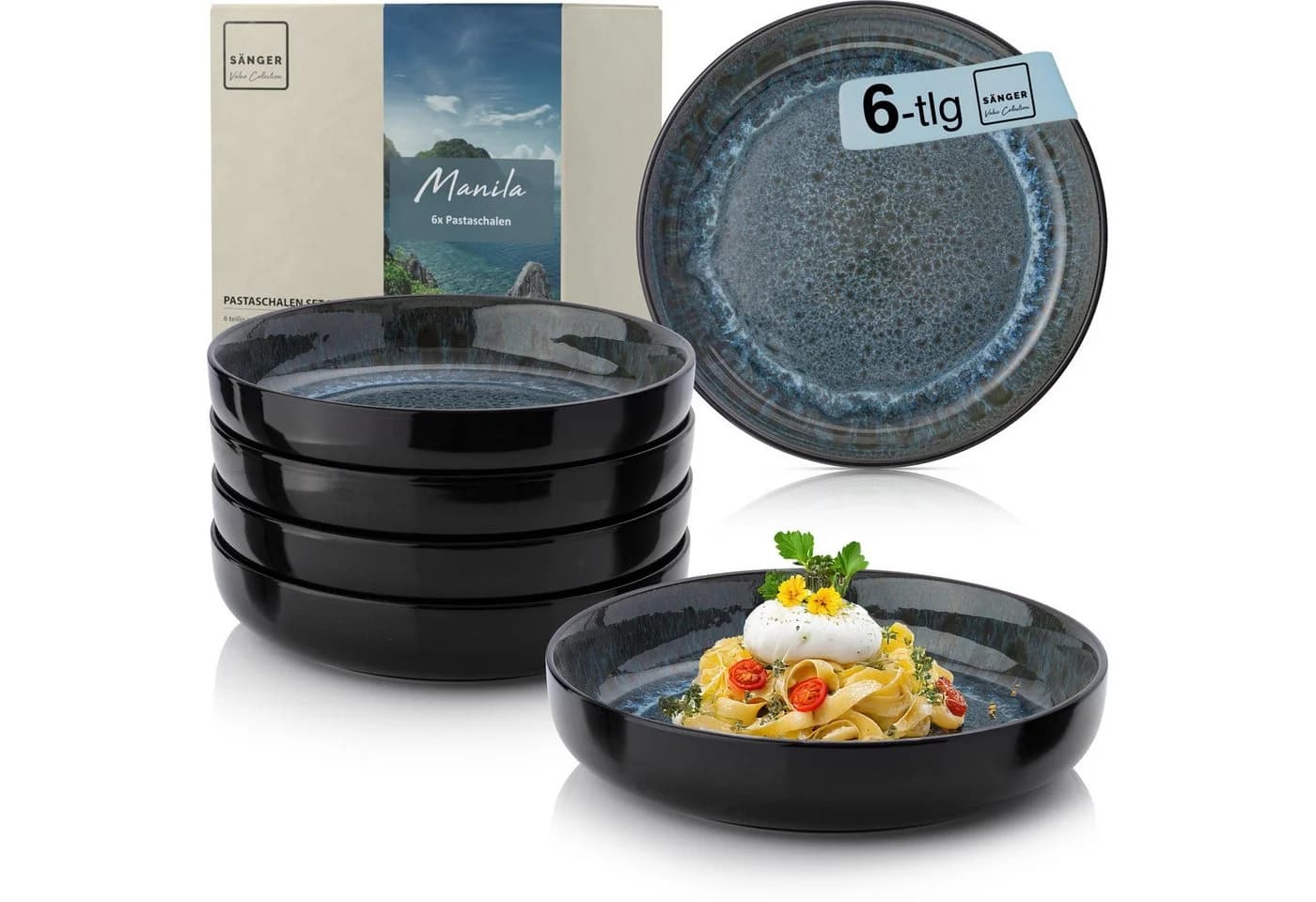 SÄNGER Teller Set Manila 6-tlg. Pastaschalen Steingut Blau-Schwarz - Bild 2