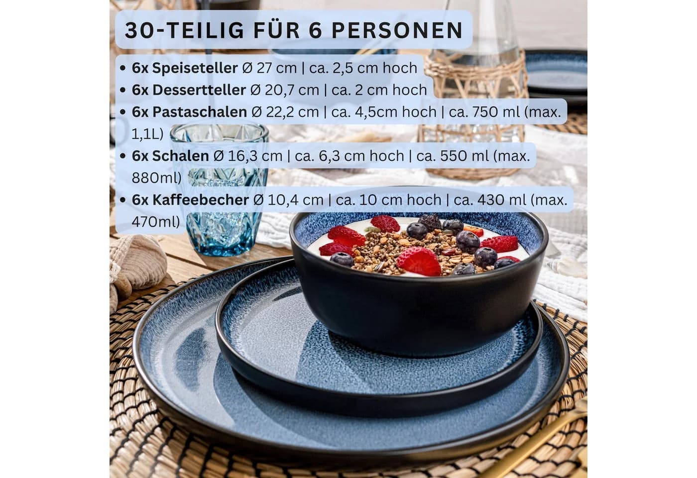 SÄNGER Tafelservice Aruba Geschirrset 30-tlg. blau/schwarz Steingut