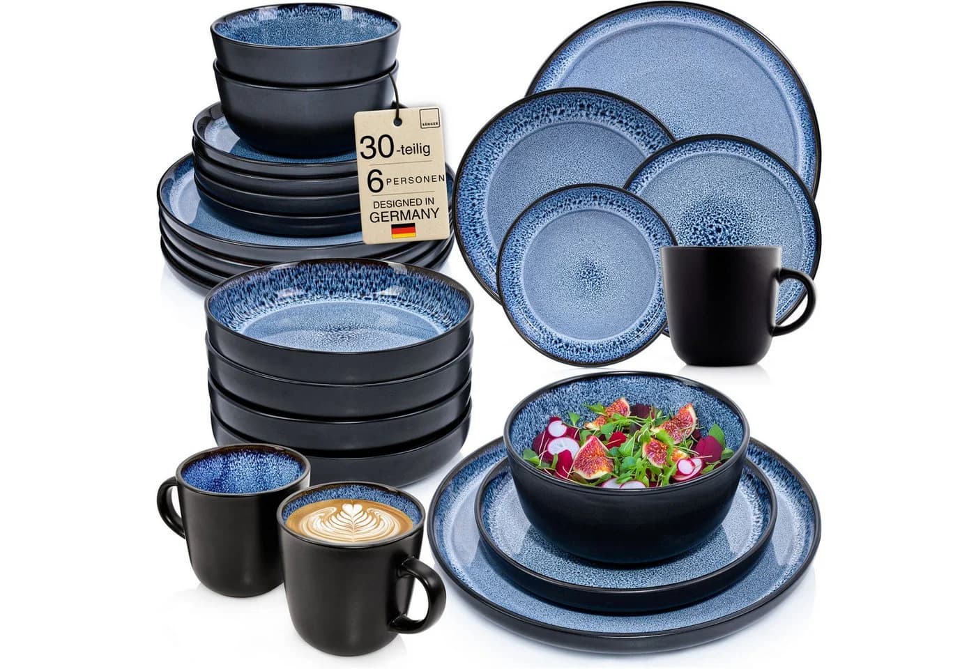SÄNGER Tafelservice Aruba Geschirrset 30-tlg. blau/schwarz Steingut - Bild 2