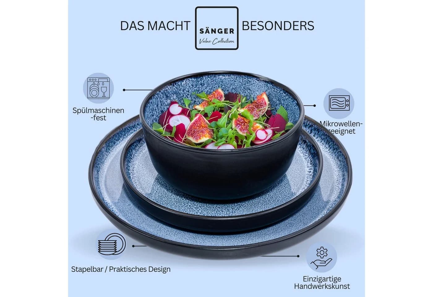 SÄNGER Tafelservice Aruba Geschirrset 30-tlg. blau/schwarz Steingut - Bild 4