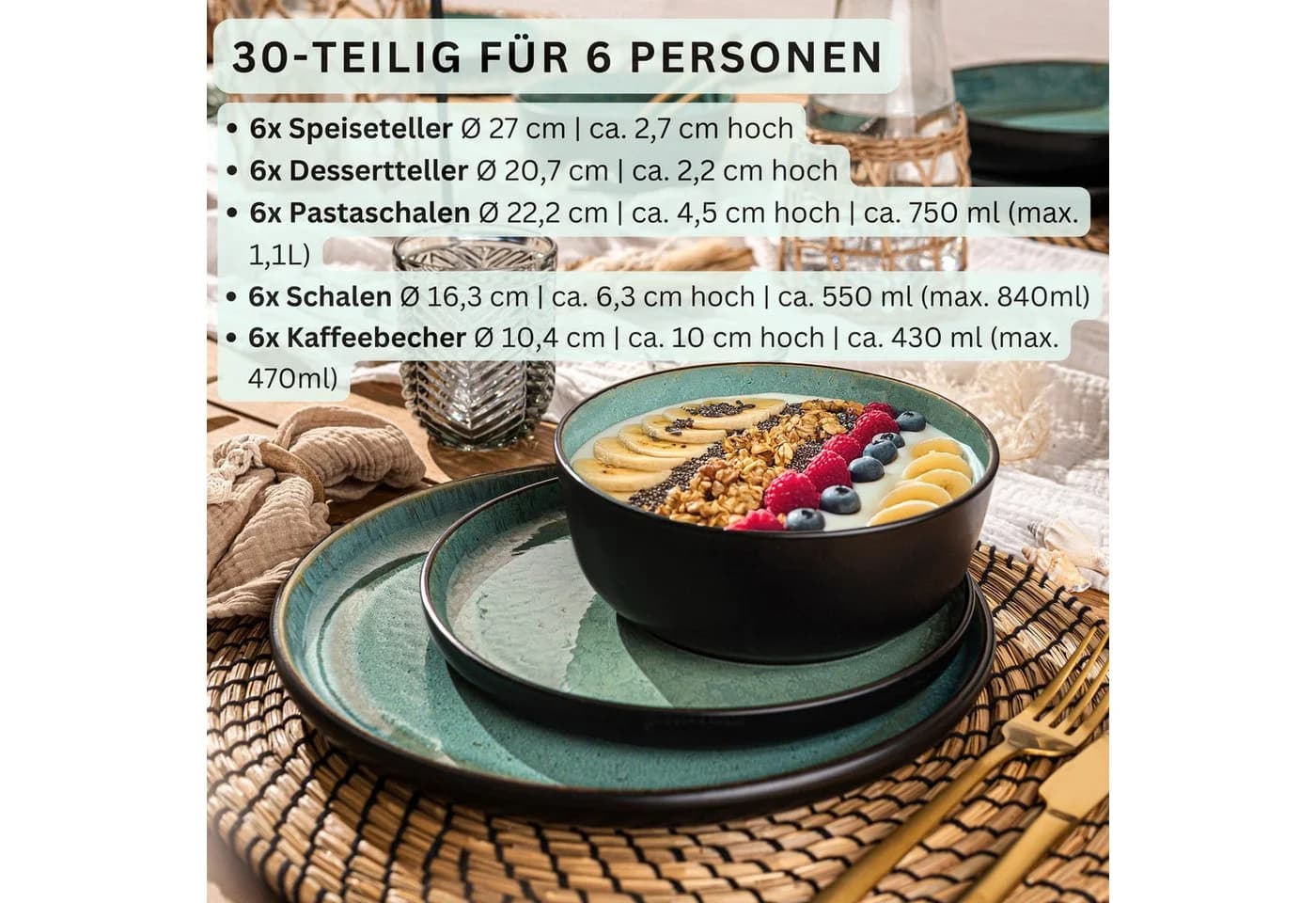 SÄNGER Tafelservice Fiji Geschirrset Grün Schwarz 30-tlg Steingut