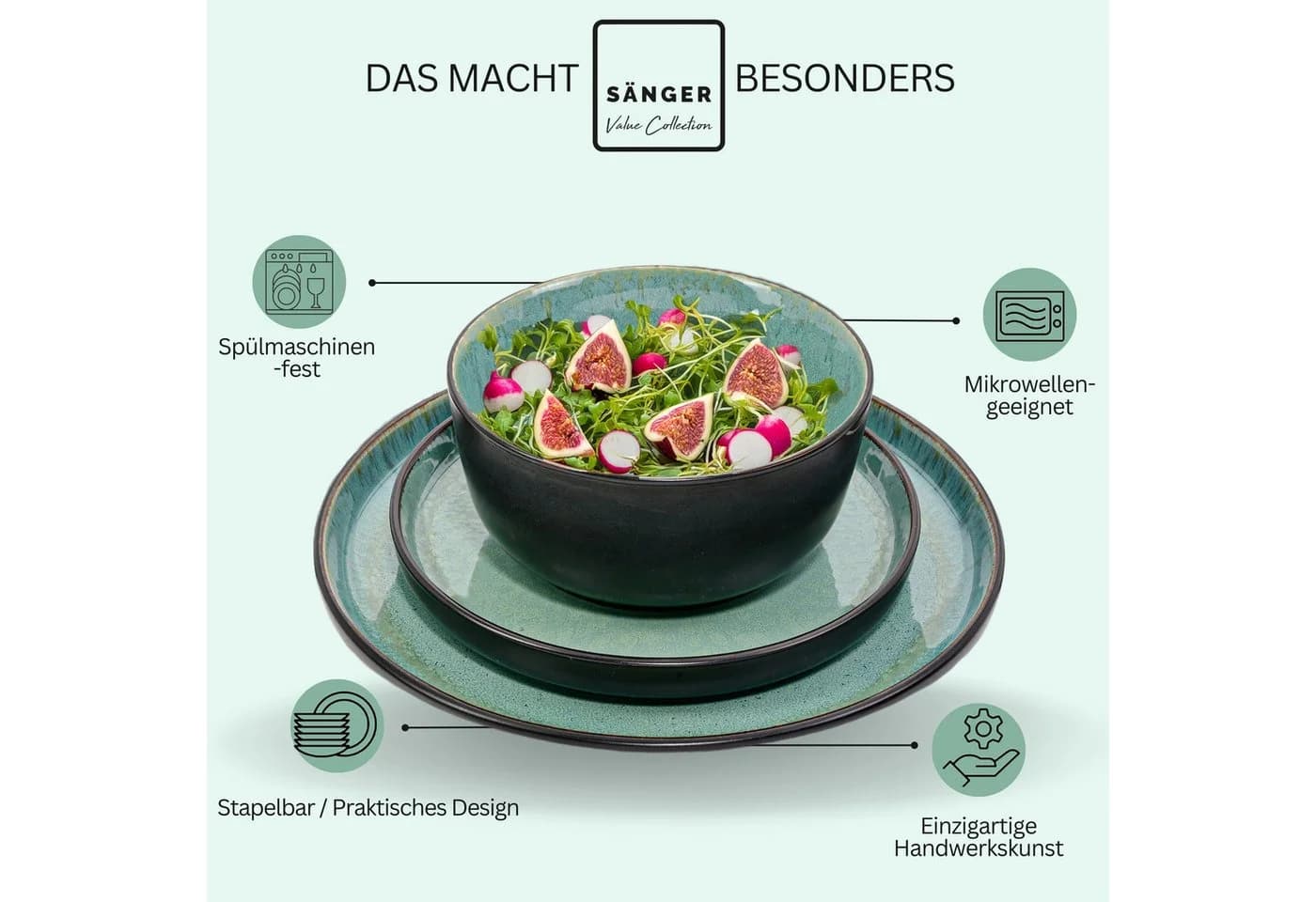 SÄNGER Tafelservice Fiji Geschirrset Grün Schwarz 30-tlg Steingut - Bild 4