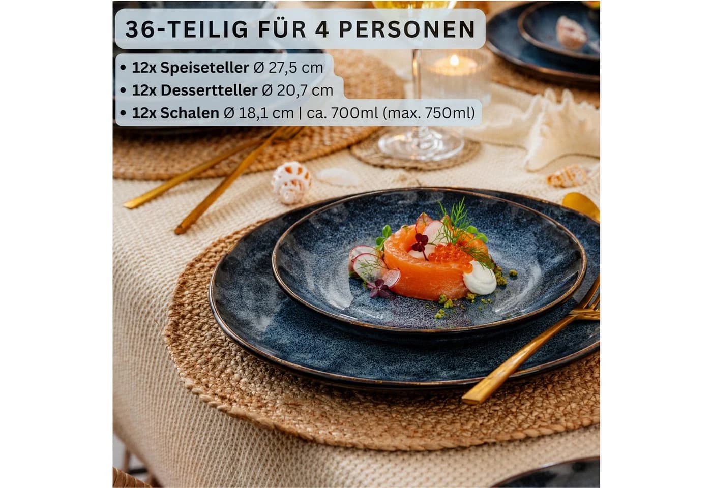 SÄNGER Tafelservice Tokio Geschirrset 36-tlg. Steingut Blau Schwarz