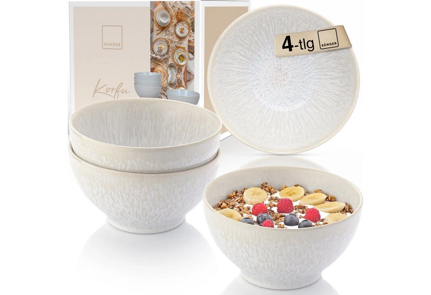 SÄNGER Geschirr-Set Korfu Müslischalen 4-tlg. Beige Steingut - Bild 2