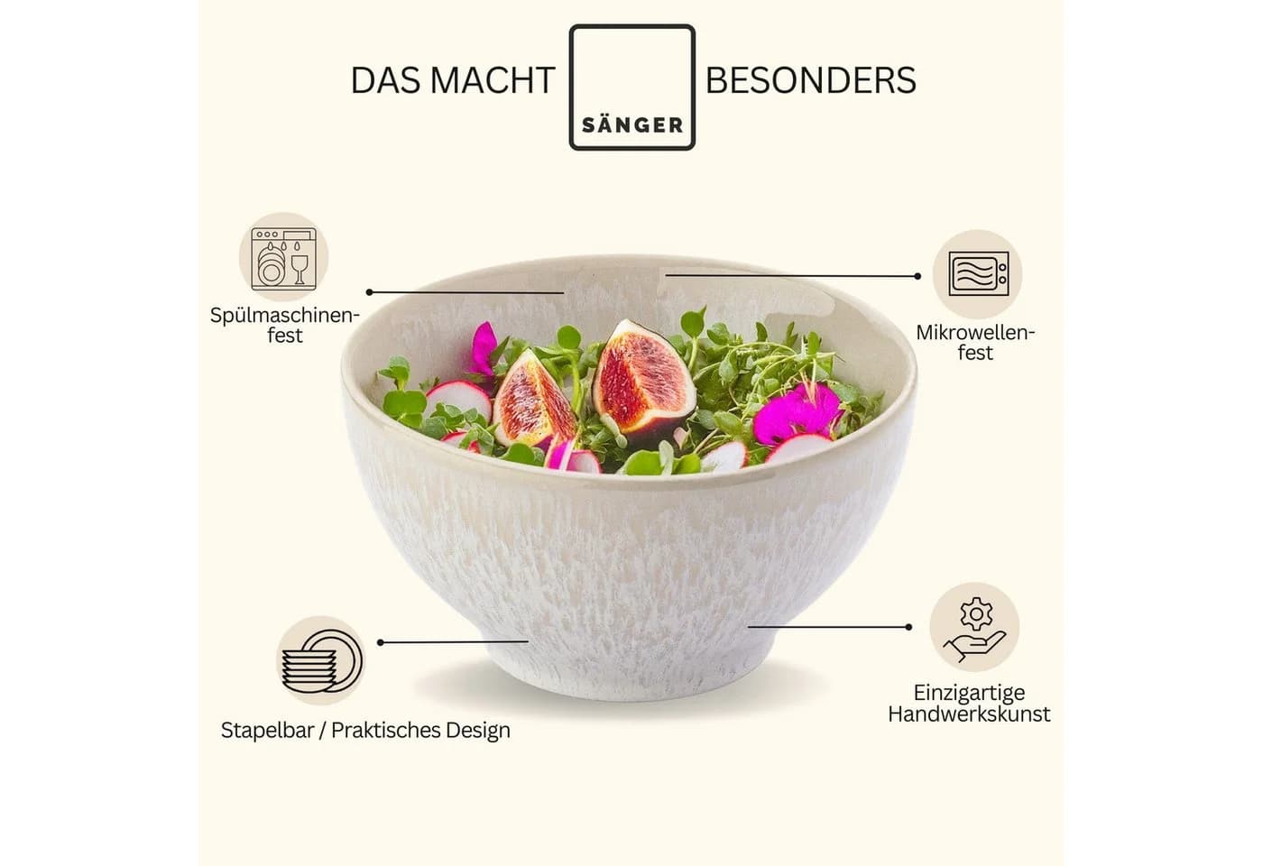 SÄNGER Geschirr-Set Korfu Müslischalen 4-tlg. Beige Steingut - Bild 4