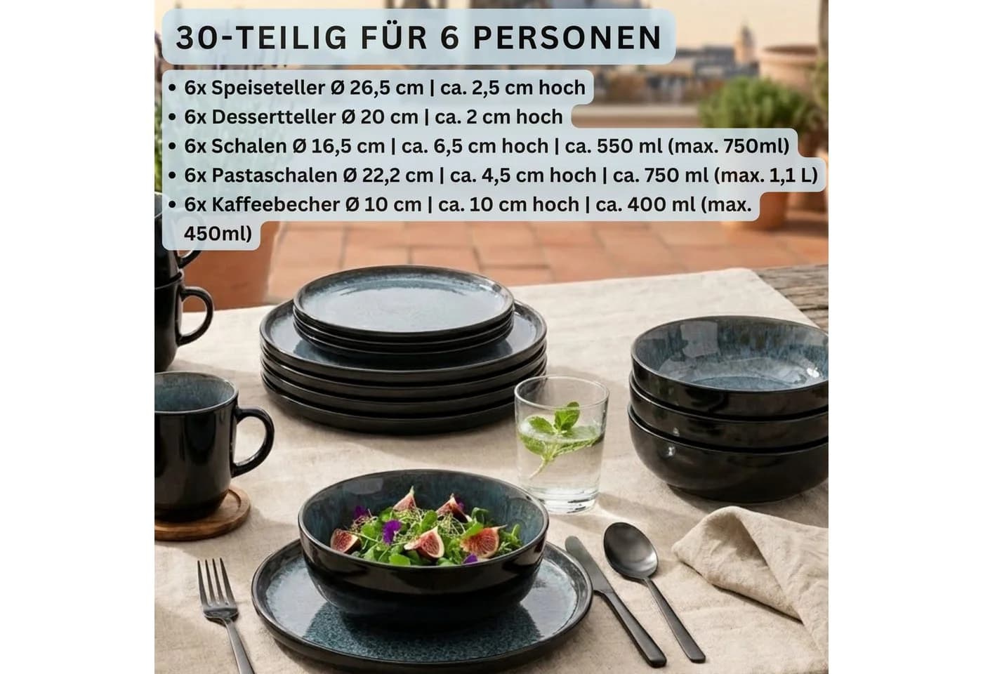 SÄNGER Tafelservice Manila 30-tlg. Geschirrset Steingut Blau-Schwarz